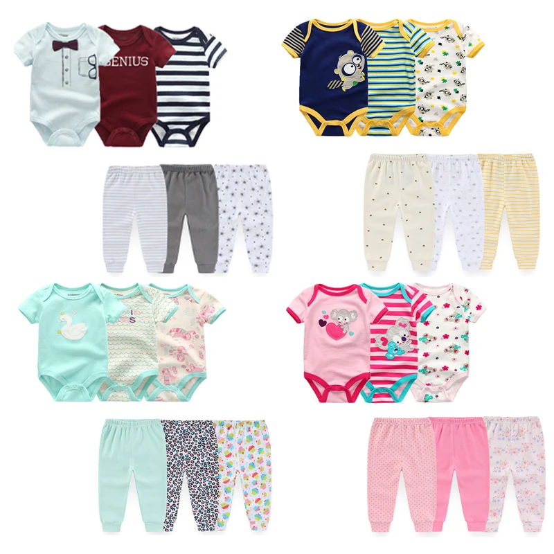 6-Piece Cartoon Cute Unisex Clothing Set Newborn Boys Girls Short Sleeve Bodysuits+Pants Outfits 0-12 Months Onesies Trousers