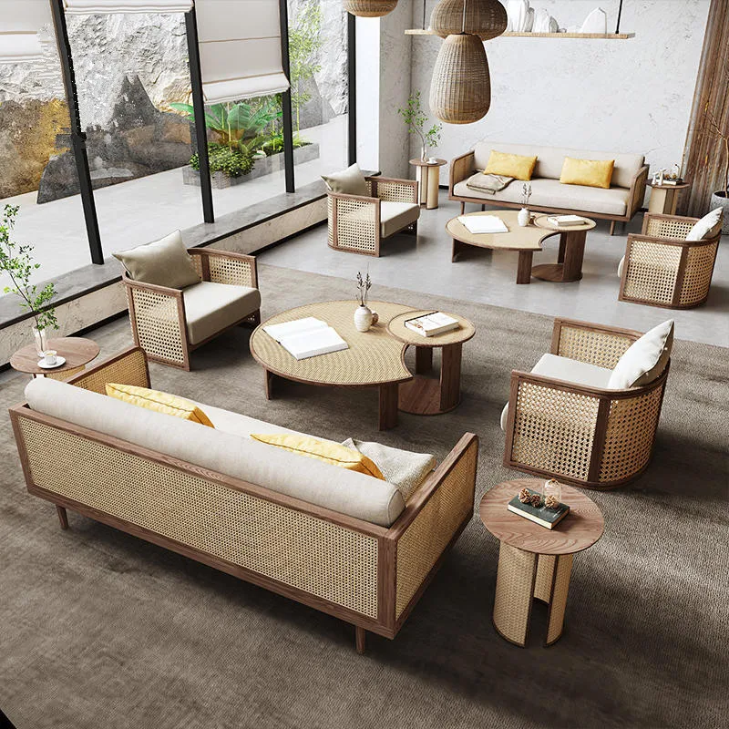 

New Chinese-style solid wood sofa, simple and modern hotel lobby B & B rattan leisure sofa combination