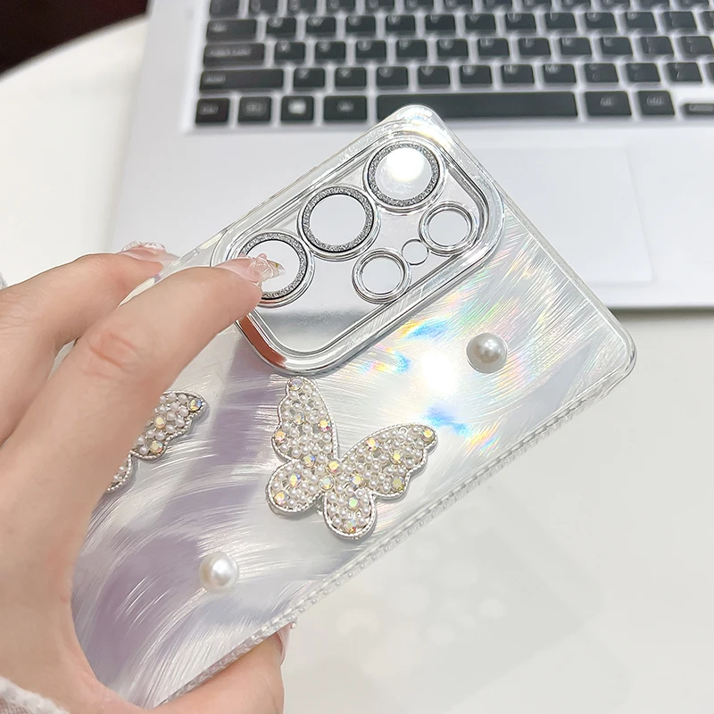 حافظة فاخرة على شكل فراشة لؤلؤية لامعة لهاتف سامسونج جالاكسي S25 Ultra S24 FE Plus S23 Ultra A16 A26 A36 A56 A15 A25 A35 A55 A54