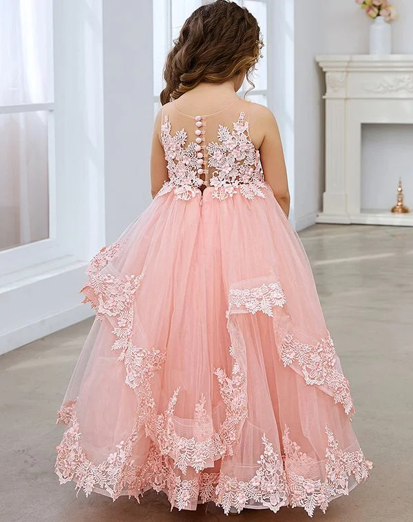 Abito da ragazza di fiore con applicazioni in pizzo rosa 2024 per matrimonio Abito da spettacolo per abiti da ballo principessa per feste di compleanno per bambini in tulle gonfio