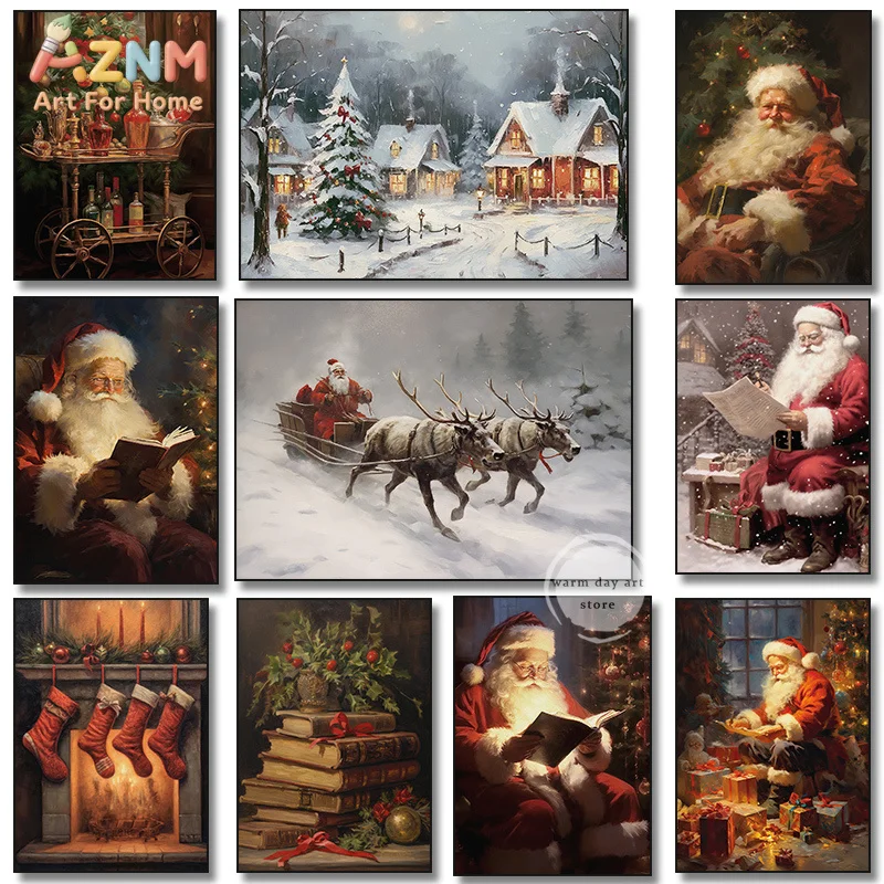 Christmas Gift Boxes Santa Claus Reading Book Poster Print Snowy Village Nutcrackers Canvas Painting for Living Room Home Decor