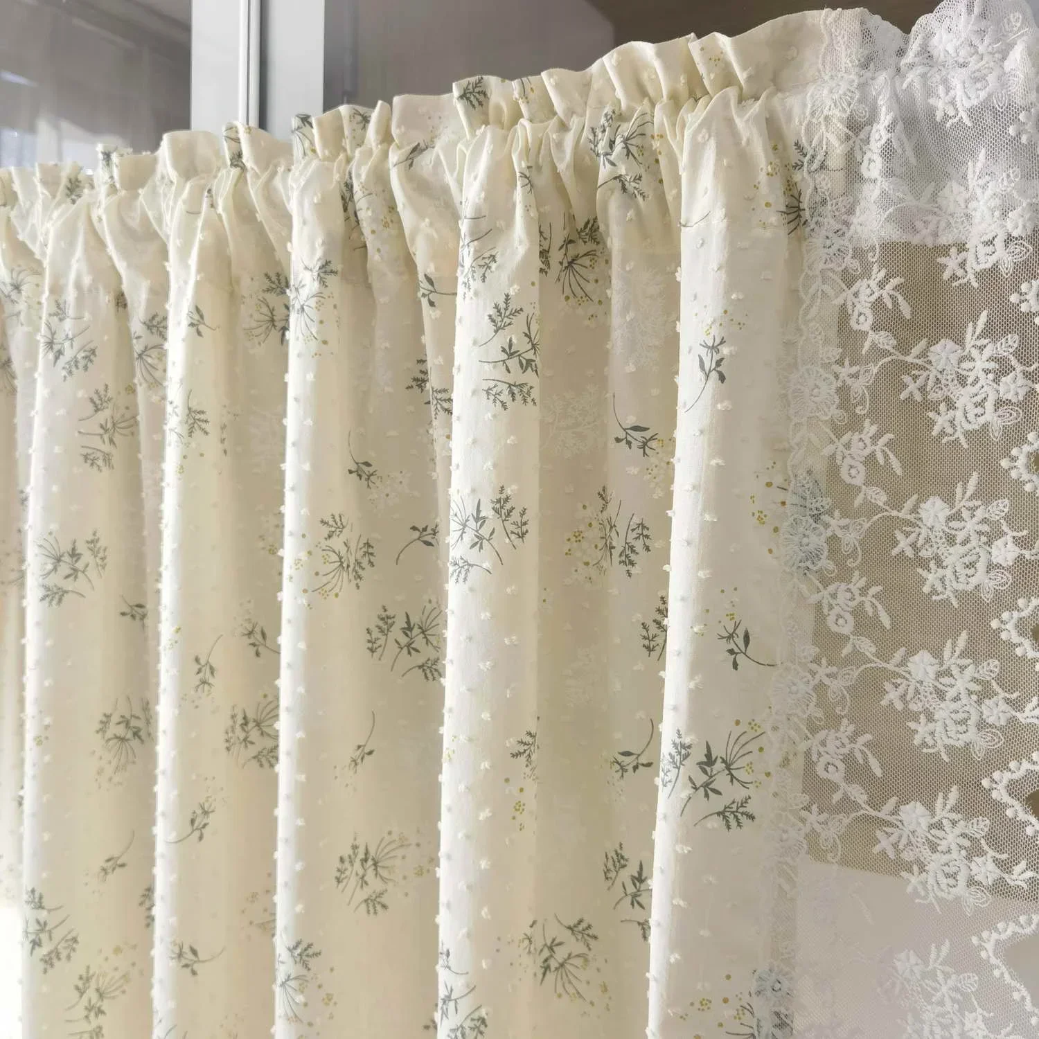 Leaf Printed Curtain Short Valance Curtain for Kitchen Cafe Partition Pastoral Lace Small Window Curtain Half Door Restaurant