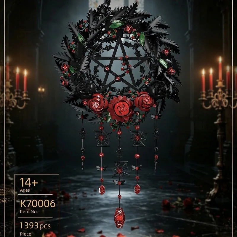 1362Pcs Building Blocks Gothic Garland Pentagram Rose Flower Wreath Model Halloween Dream Catcher Wind Chime Gift Toy