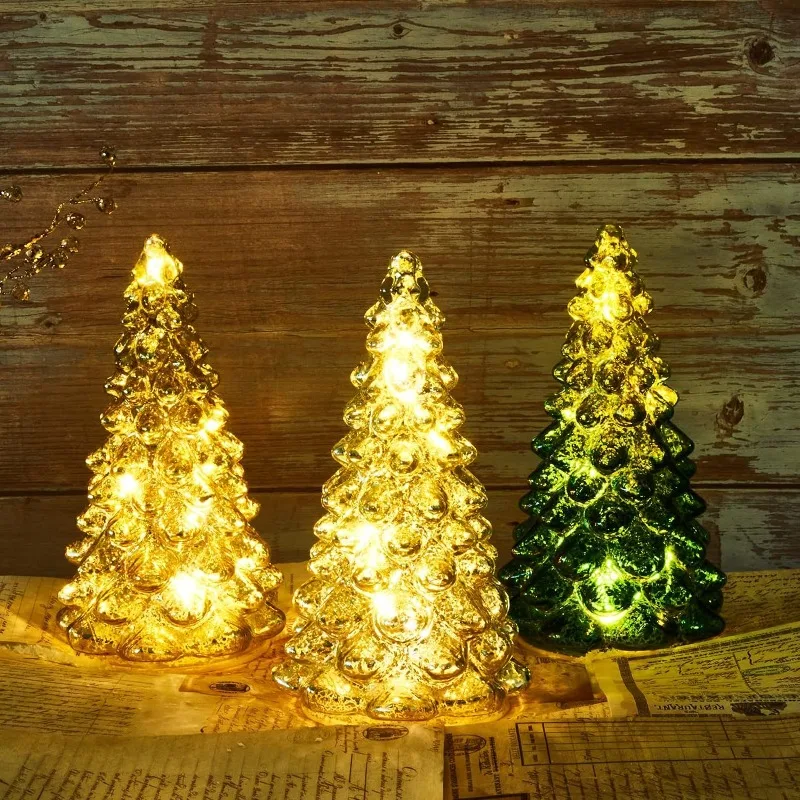 

Elegant Glass Christmas Tree with LED Lights Holiday Tabletop Decor Festive Ornament for Home Office and Party Decoration