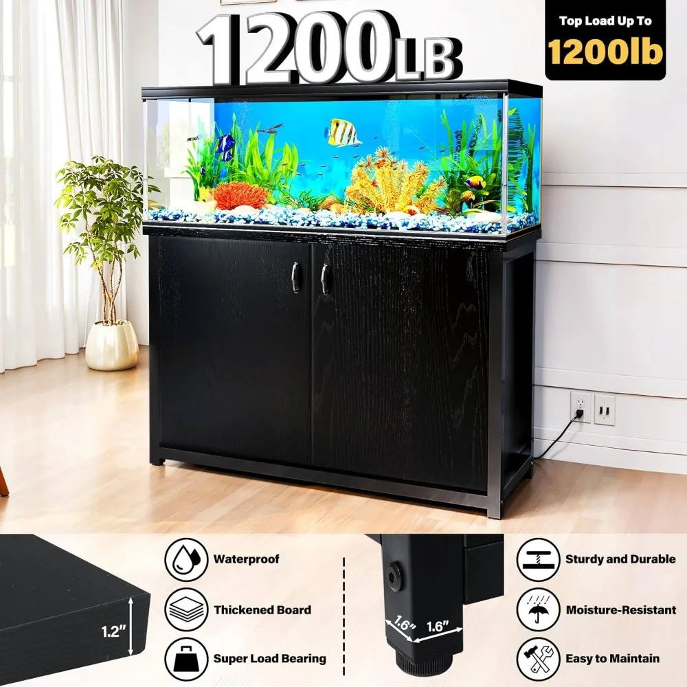 Gallon Aquarium Stand with Charging Station, Load Capacity, Metal Fish Tank Stand with Large Storage Cabinet and Cable Holes