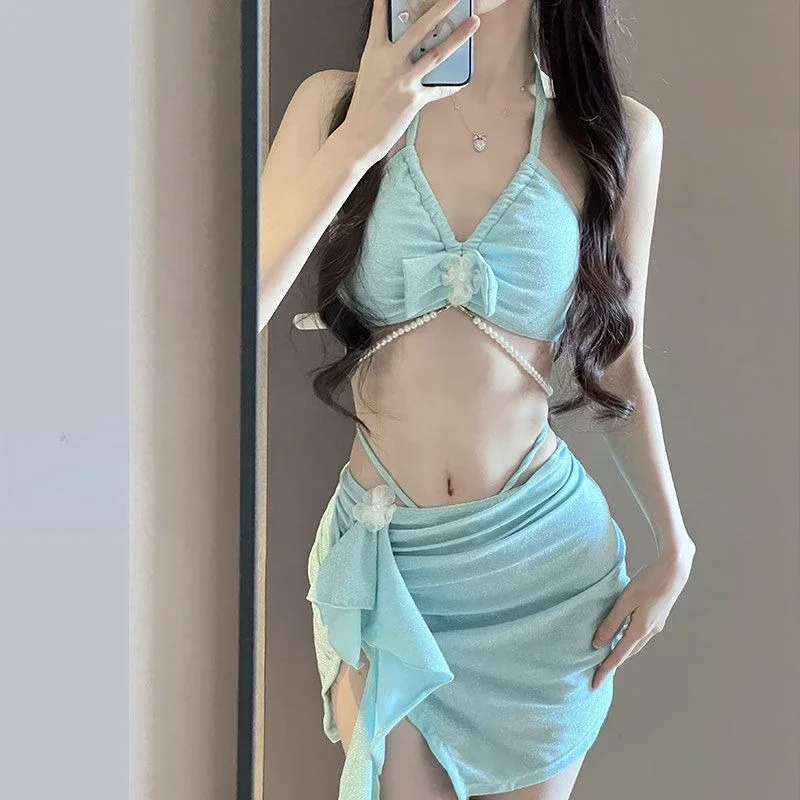 3 Piece Pearl Fringe Bikini Set Women's Separate Swimsuit Slimming Bathing Suit for Hot Spring Vacation Style Beach Pool Party