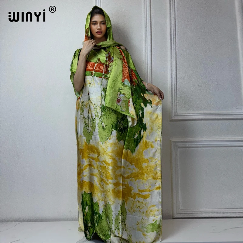 WINYI 2024 New African Women Dashiki boho print muslim woman dubai Free Size Design With Scarf Maxi Loose African Elegant Dress