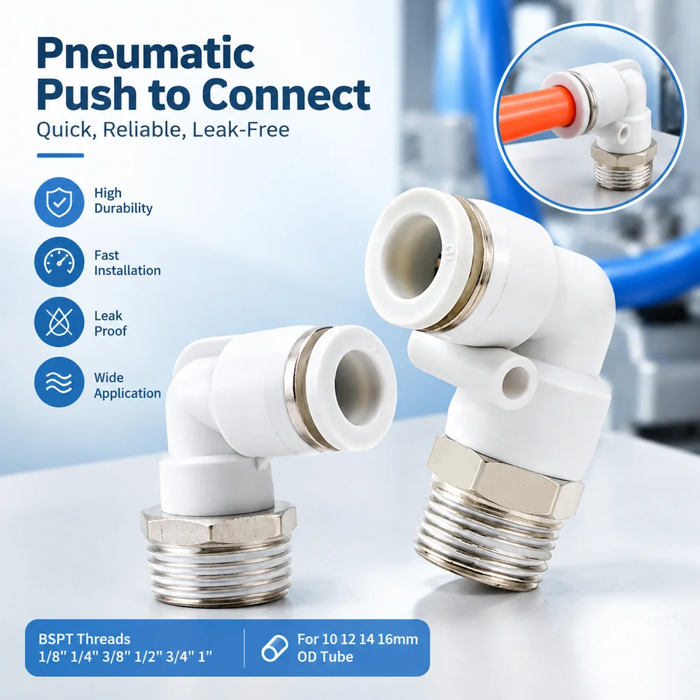 Plastic Air Fitting Pneumatic Adaptor Male Thread 90 Degree Elbow Push To Connect Air Tube Fitting BSPT Threads 1/8