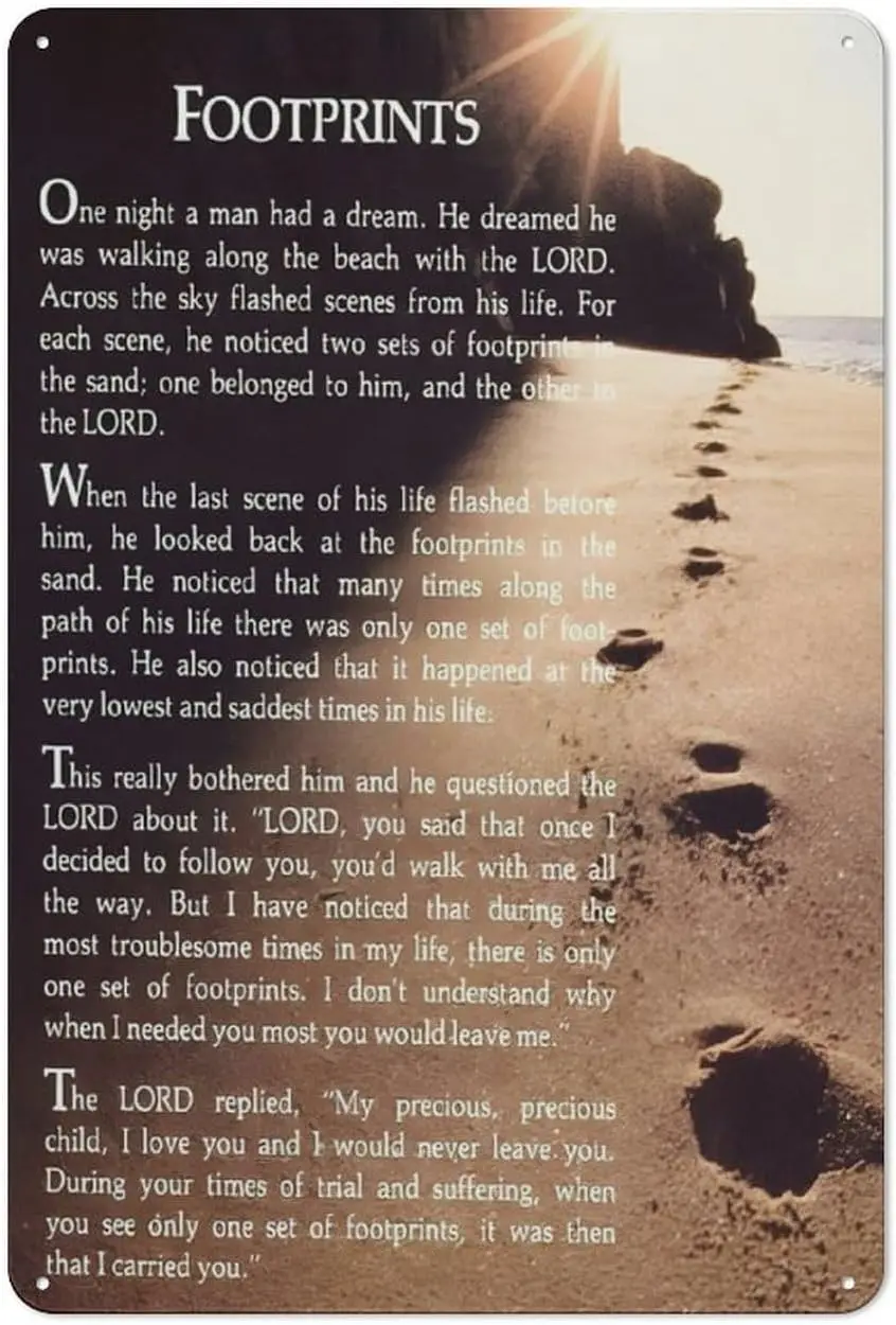 s1,Rustic Metal Tin Sign Footprints in The Sand Wall Art, Religious Footsteps Poem Prints for Christian Home Decor, Motivational