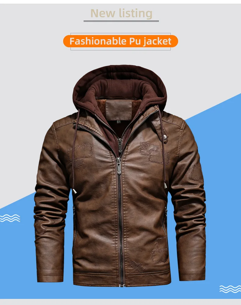 P U جلد الرجال فو الجلود سستة سترة مقنعين معاطف طويلة الأكمام سترة فضفاضة رسم سلسلة عالية الشارع جيوب الصلبة #5