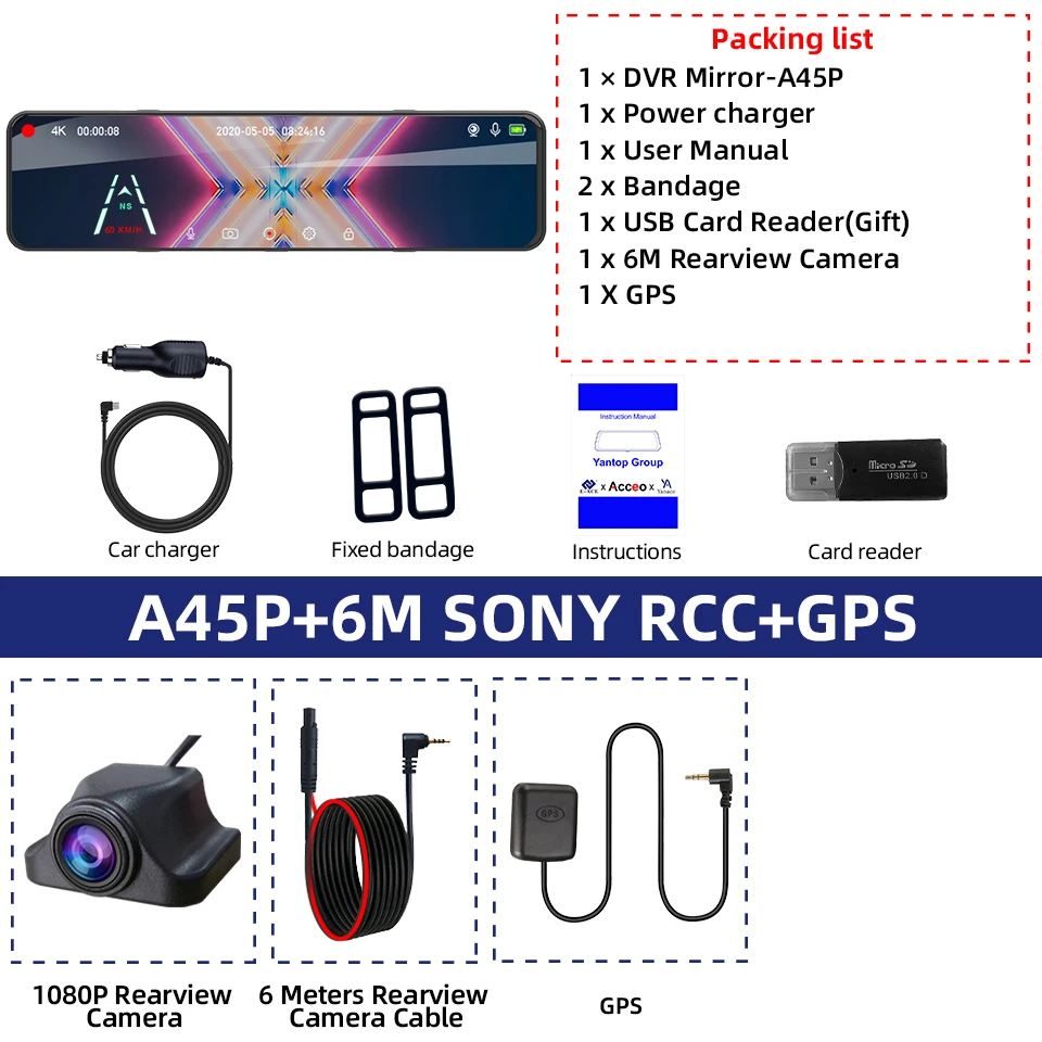 4K Achteruitkijkspiegel Rijden Recorder HD Nachtzicht Loop Recording Dash Cam Optioneel Achteruitrijcamera Achteruitrijcamera Auto DVR