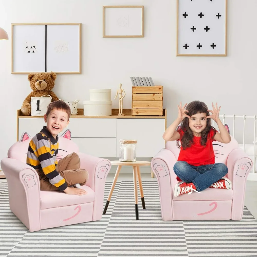 Children's sofa armchair with pattern, sturdy wooden structure, suitable for lightweight children's sofa chairs aged 1-5, cat