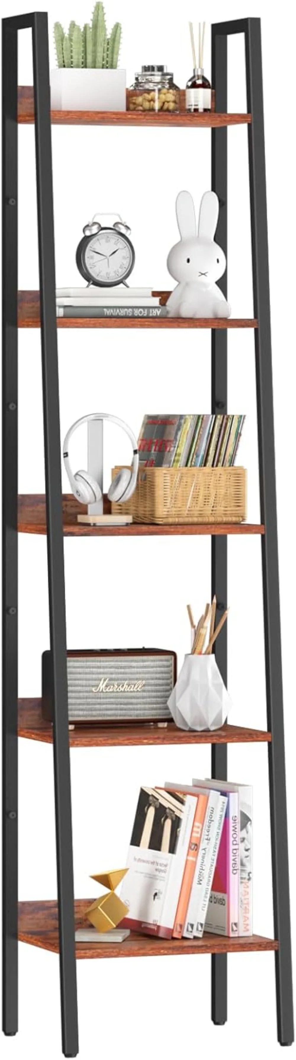 

5 Tier Tall Ladder Bookshelf Corner Shelf, Industrial Book Shelf Ladder Bookcase Narrow, Standing Storage Shelves Display Shelf