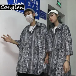 Men Women Vintage Snake Print Shirt Button Up Shirt Big Streetwear Long Loose Short Sleeve Gothic Goth Dropship 2022