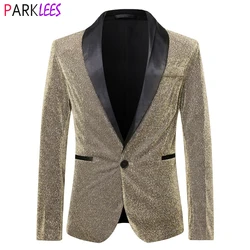 Mens Shiny Gold Silk Sequin Dress Blazers One Button Shawl Collar Suit Jacket Men Wedding Party Stage Prom Singer Costume Homme