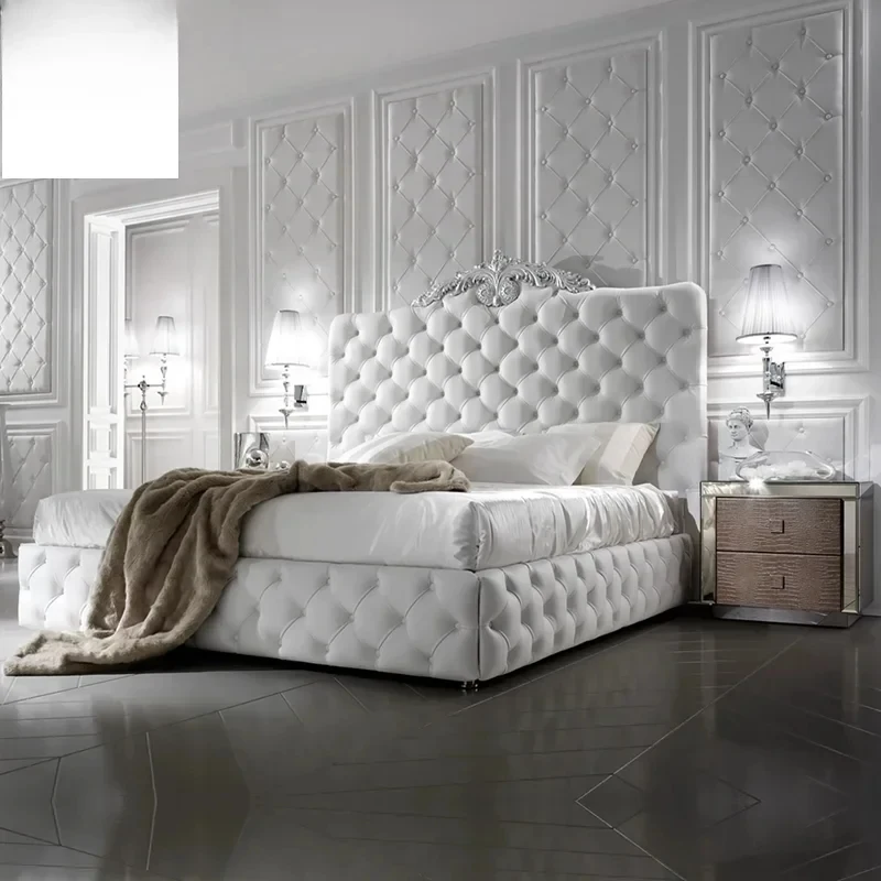 

(Sea shipping) rectangle bed frame Leather BED beds solid wooden carved leather buttons