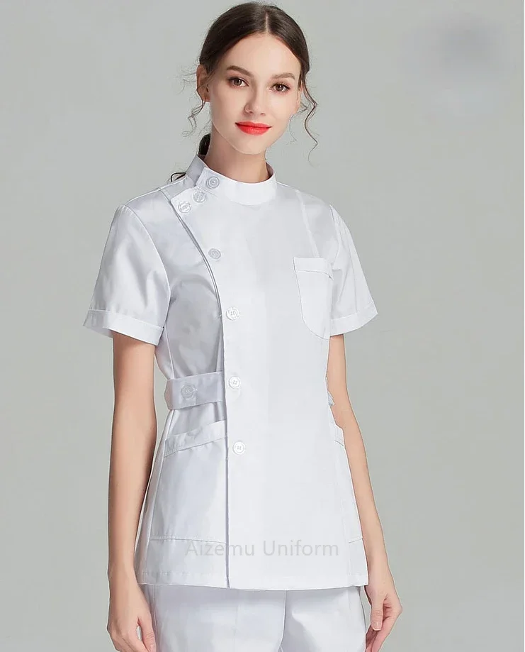 Pink Nurse Uniform Short Scrubs Top Lab Coat Doctor Women Medical clinic Clothing white Beauty Salon work clothes accessories