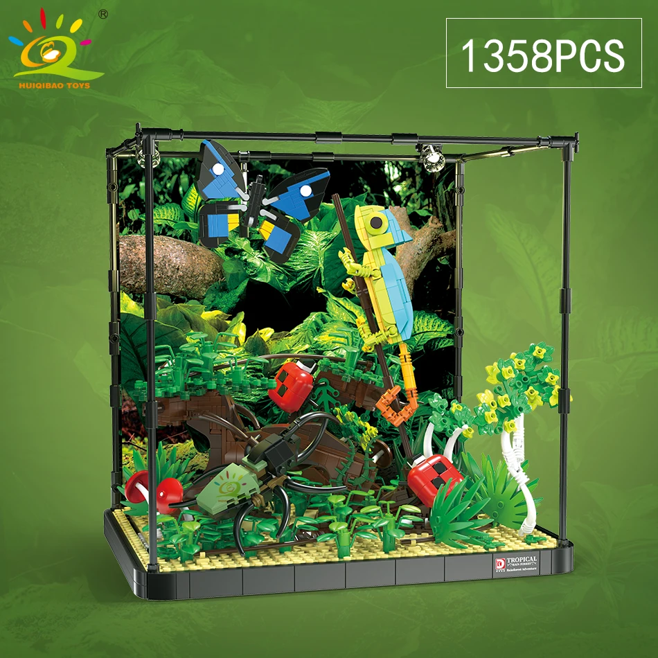 HUIQIBAO MOC Tropical Rainforest Display Box Building Block With Light Brick Lizard insect City Construction Toy For Children