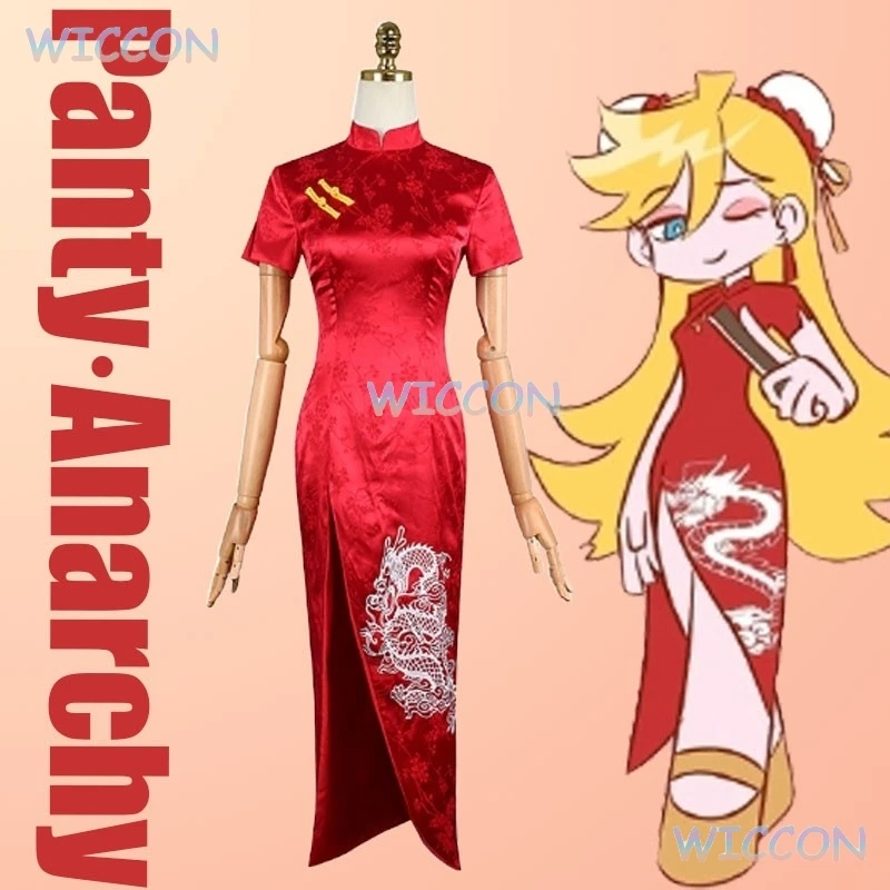 

Anime Panty & Stocking With Garterbelt Panty·Anarchy Cosplay Red Cheongsam Dress Panty Cosplay Wig Disfraz Women Hallowen Cos