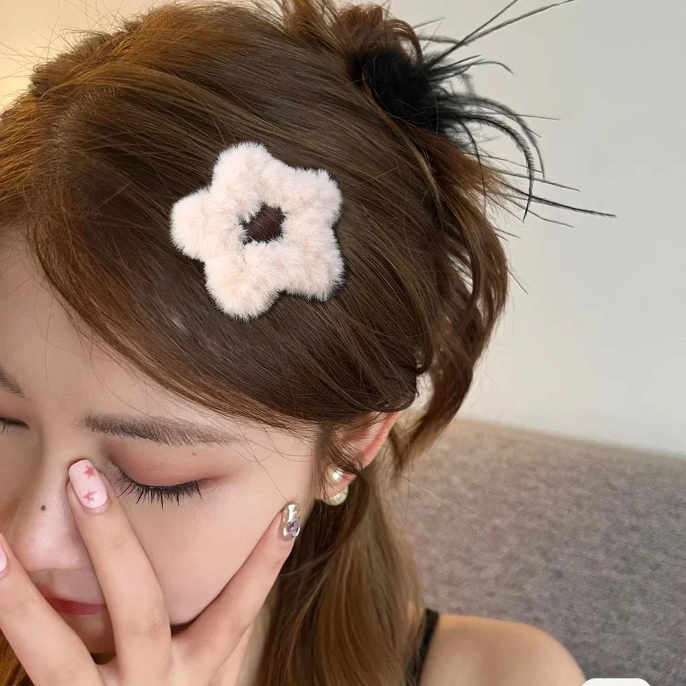 1/6pcs Y2K Girls Sweet Fluffy Star Hairpins Children Kids Faux Fur Bobby Pin Solid Color Pentagram Hair Clip Cute Side Hair Grip