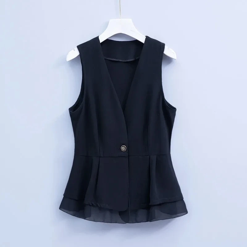 Fashion Black Chiffon Women's Vest Coat  2022 Spring Summer New Slim Fit Wild Thin Waistcoat Female Sleeveless Suit Vest Tops