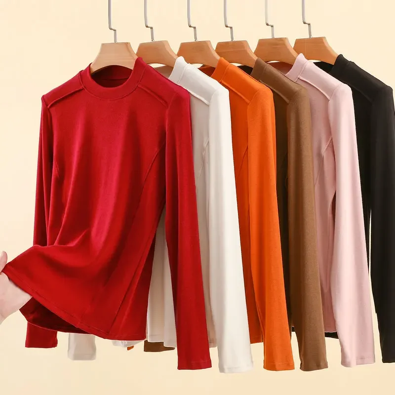 Dralon MockNeck Dieptepunt T-shirts Lange mouwen Herfst Winter Warme T-shirts Dikke fleece T-shirts passen allemaal bij elkaar