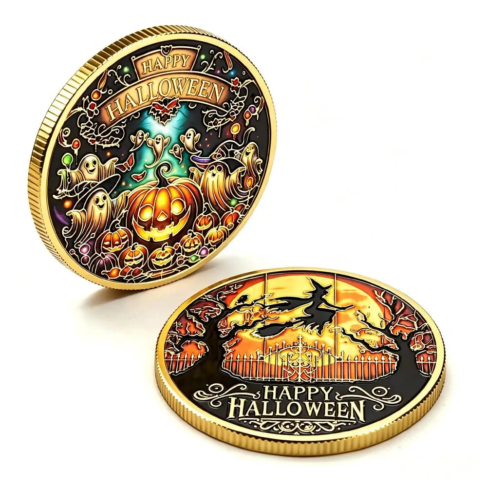 Halloween Gold Plated Enamel Medal Embossed Pumpkin Witch Badge Holiday Collectible Decor Comm Hobby Souvenir Display Gift