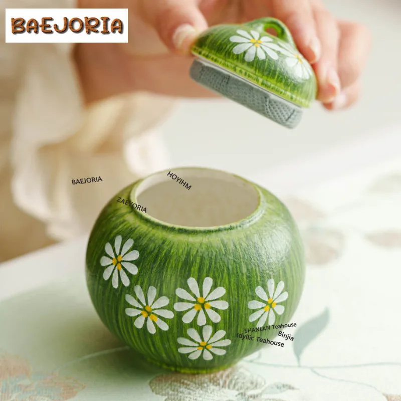 BAEJORIA Hand Painted Daisy Tea Box Organizer Moisture-proof Luxury Storage Tank Containers Tea Caddy Tableware Gift