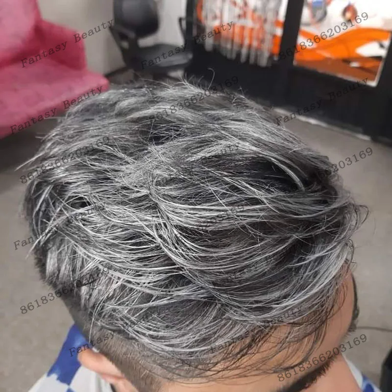 شعري طبيعي للرجال حقن الجلد قاعدة الرجال الشعر المستعار 1B65 1B50 رمادي الرجل العجوز قطع الشعر دائم 100% نظام الشعر البشري الاصطناعي