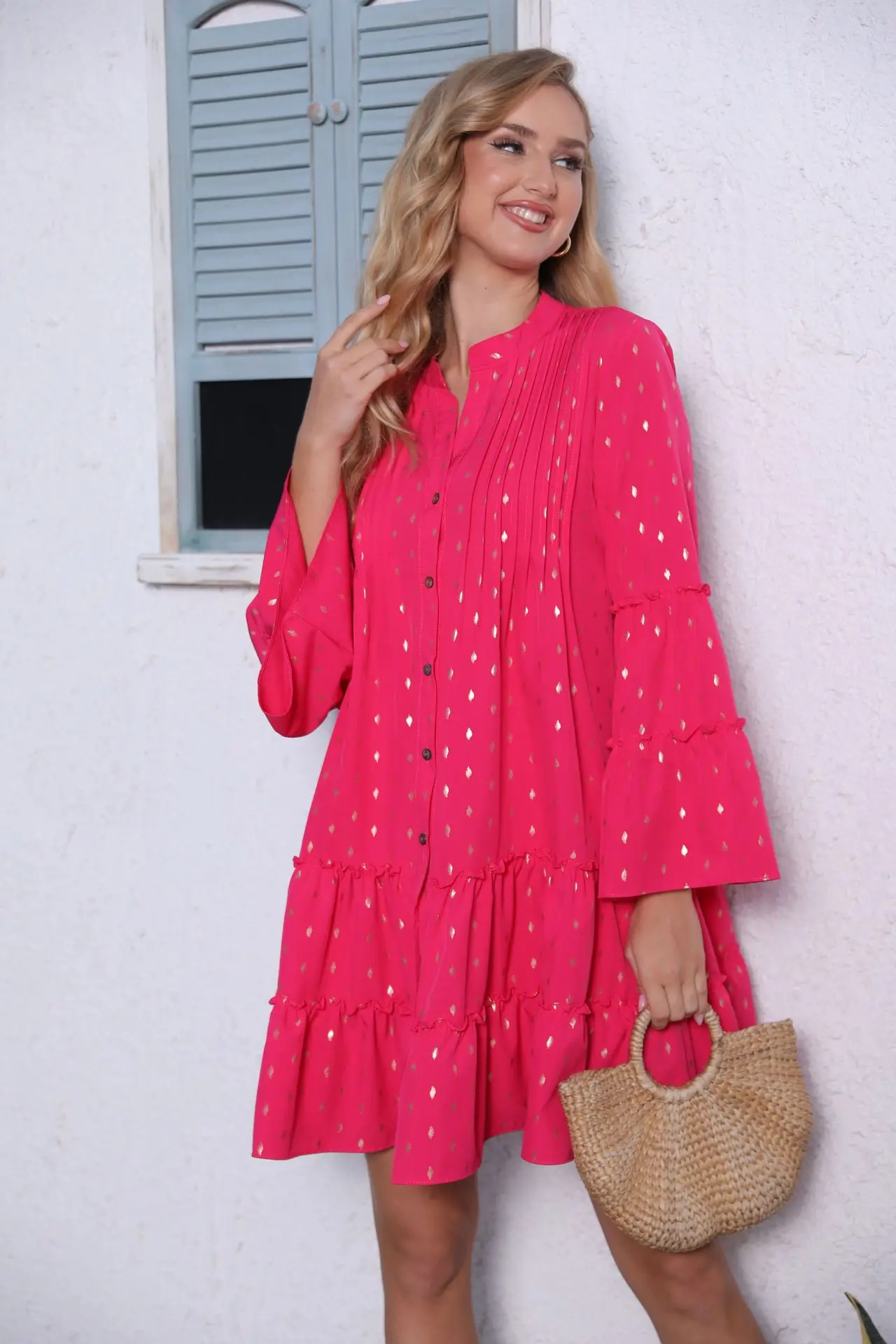 

Women Shirt Dress Print Gold Pressed Pleated Splicing Spring Autumn Fashion Maxi Swing Loose Single Breasted Elegant Female Robe