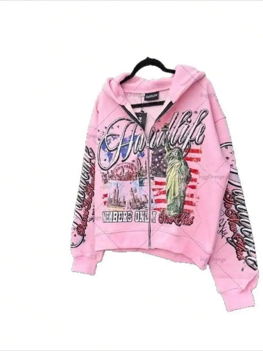 

Розовое худи оверсайз на молнии с винтажным графическим принтом, унисекс, в уличном стиле