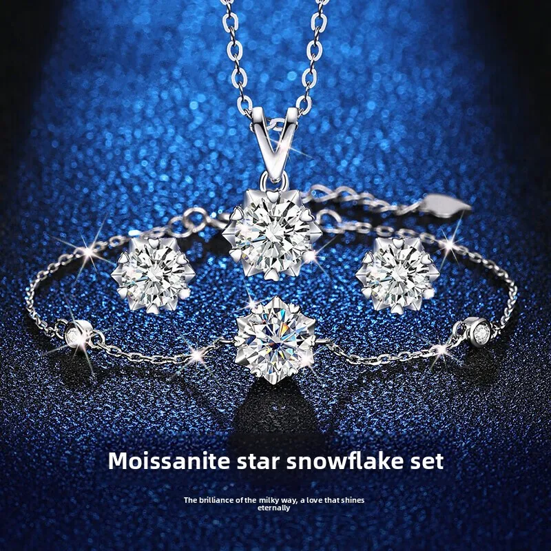 

S925 Silver White Gold Plated D Color Moissanite Women's Jewelry Set, Frost Star Snowflake Series Fine Jewelry