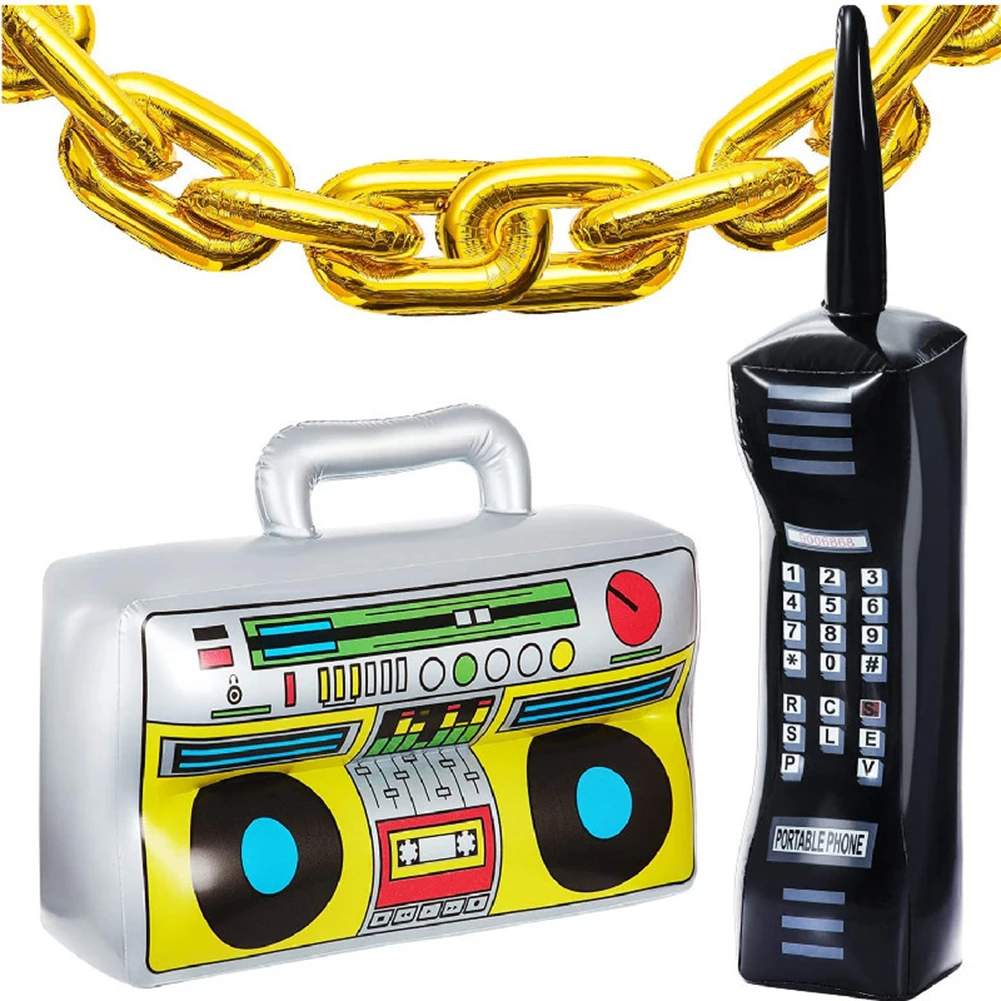 80s 90s Retro Inflatable Radio Boombox Mobile Phone 16 inch Gold Chains Props Big Inflatable Boom and Retro Phone