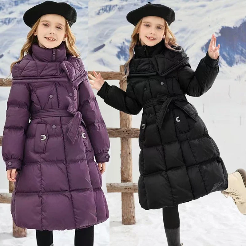 -30℃ Long Style Girls Jacket Winter New Solid Color Thick Warm Fashion Hooded Trench Coat For 5-12Y Kids Cotton Down Snowsuit