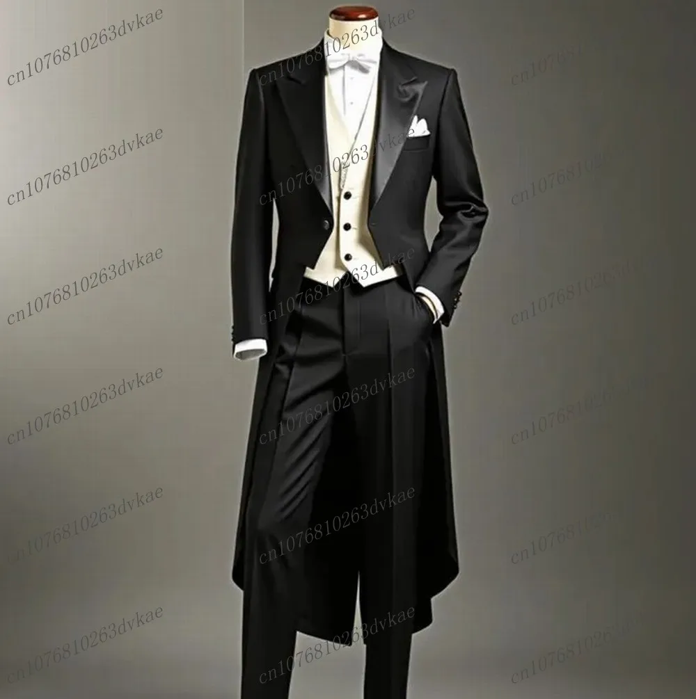 

Черно-белый длинный пиджак, деловой деловой мужской костюм, жених, жених, свадебная вечеринка, выпускной, мужские смокинги, комплект из 3 предметов, пиджак, жилет, брюки
