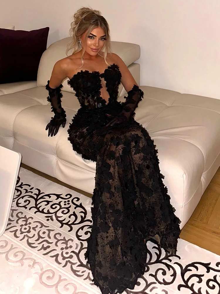 VC 魅惑的なブラック ストラップレス ノースリーブ スパンコール シアー フローラル カットアウト デザイン イブニング ドレス パーティー ディナー ドレス用