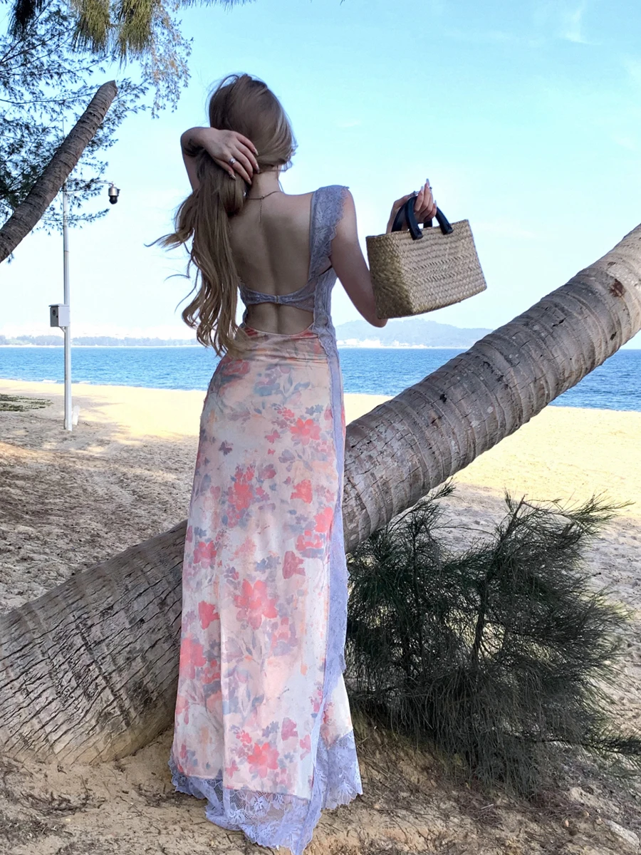 Reddachic feminino sexy corte maxi vestido longo fino voar mangas ponto renda vestido floral romântico dia dos namorados roupas de verão