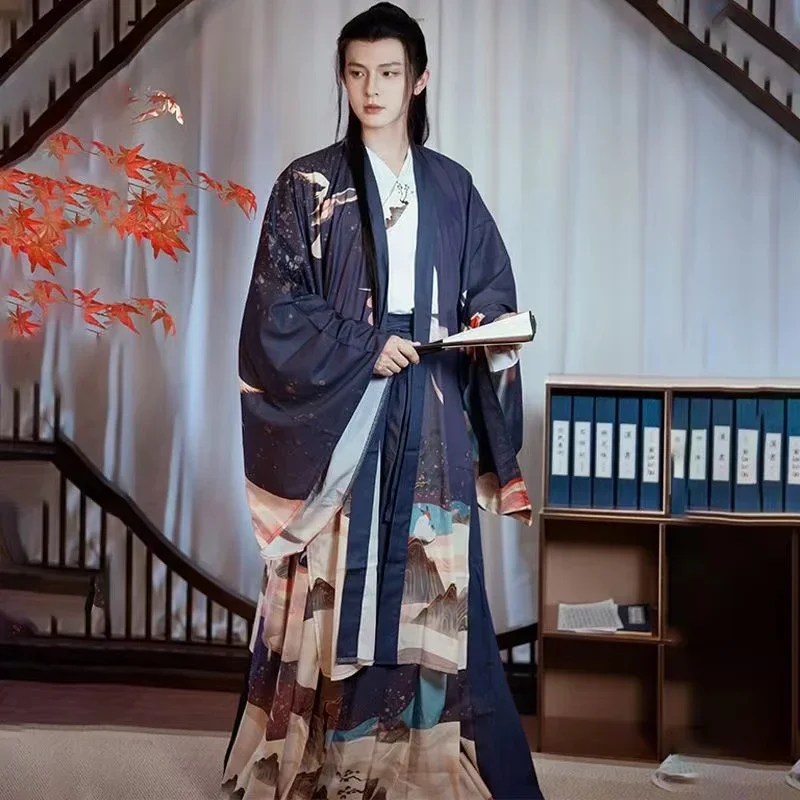 2025Wei Jin فترة عبر طوق الطباعة الرياح القمر Hanfu فستان مجموعة تأثيري الأصلي Hanfu الرجال النساء الملابس الصينية التقليدية