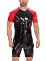 S-7XL Short Sleeve Shiny Faux PU Leather Zipper Open Crotch Bodysuit Wet Look PVC Catsuit Tights Hot Shapers Leotard Playsuits