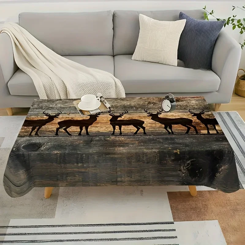 One-piece tablecloth with a natural country style theme. The base color is a faux wood board texture. yzb