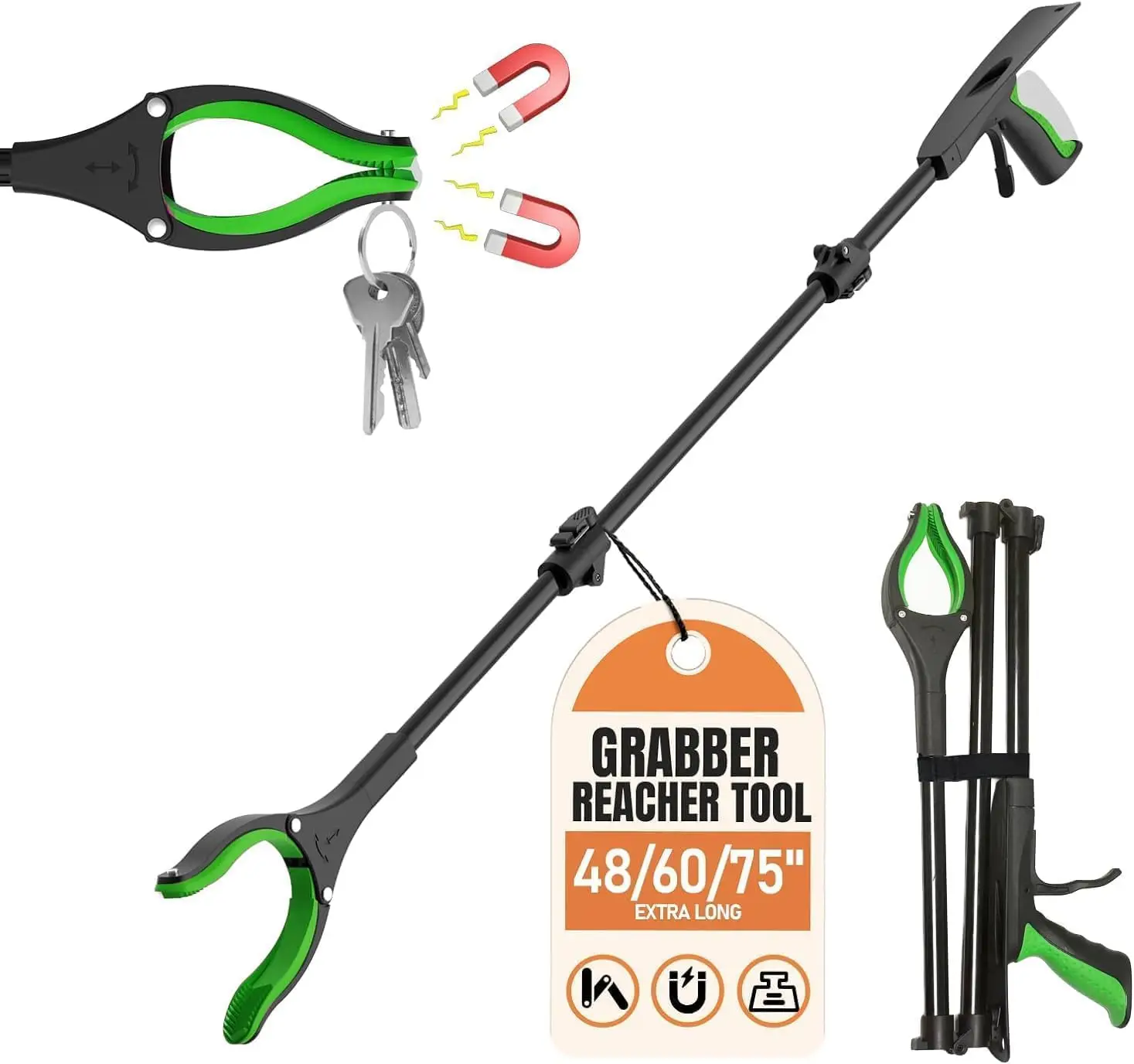 

60" Foldable Reacher Grabber, Dual Magnetic Tip, Strong Grip Aid for Elderly & Surgery Recovery