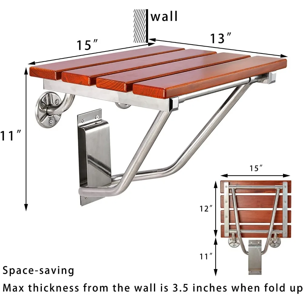 Imagem -06 - Assento de Chuveiro Dobrável de Parede e Banco Banquinho de Chuveiro Dobrável Madeira de Teca Banheira do Banheiro 350lb Capacidade