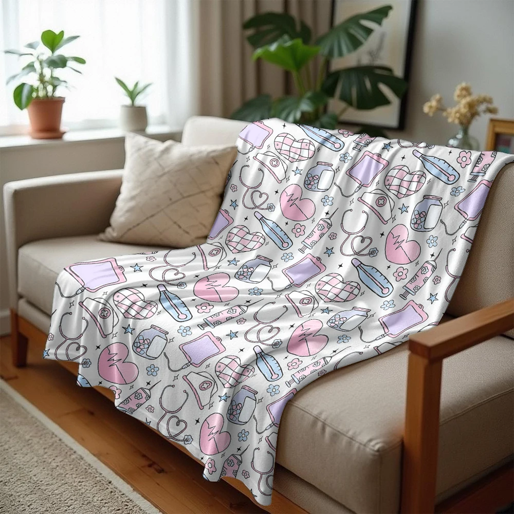 Cute Nurse Medical Icon Cartoon Anime Print Flannel Blanket Soft Warm Throw for Kids Bedroom Sofa Bed Christmas Office Car