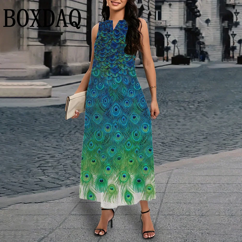 Abito lungo da donna estivo con stampa di piume senza maniche con scollo a V Abiti da spiaggia casual Elegante abito vintage allentato stampato per donna 2025