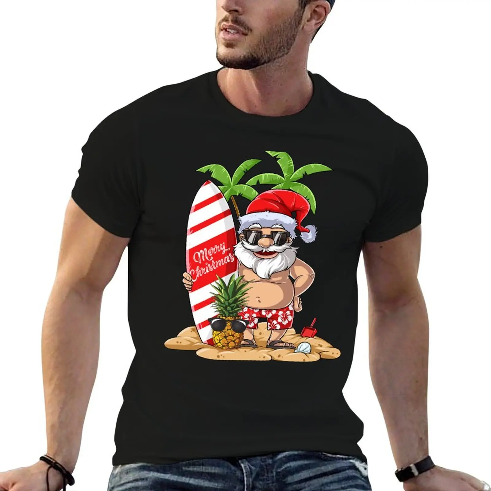 

Santa Hawaiian Surfing T Shirt Christmas Summer Surf Hawaii T-Shirt t shirt man designer t shirt custom print T-Shirt