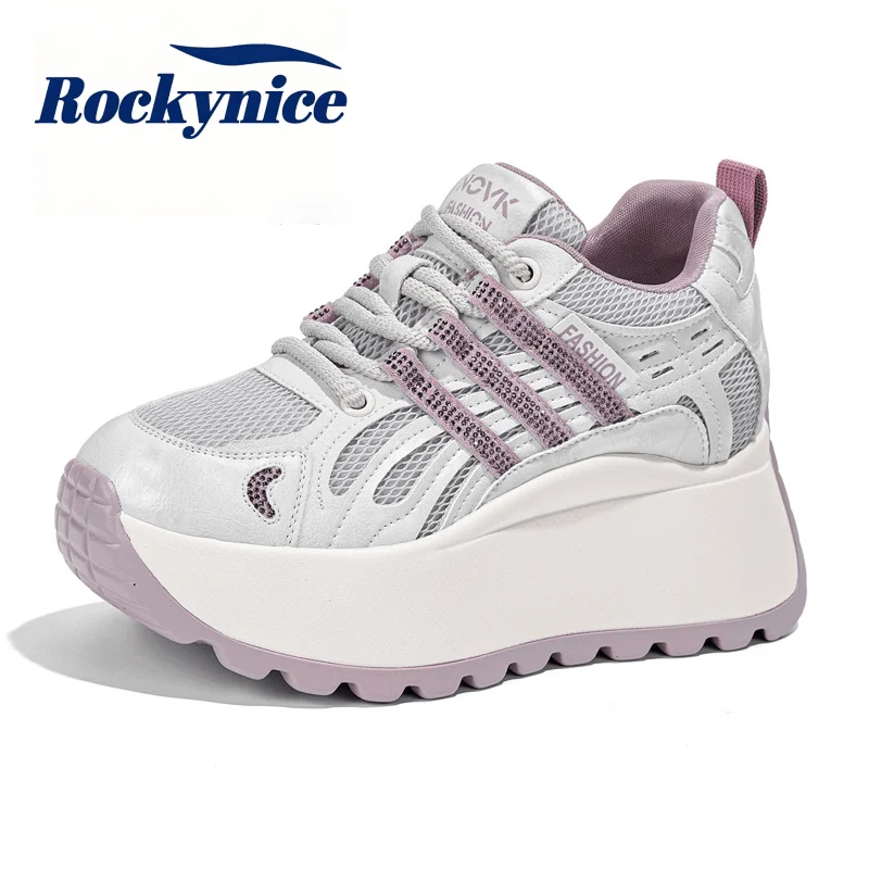 Women's High Platform Casual Sports Shoes New 2026 Summer Breathable Mesh Chunky Sneakers 8CM Soft Thick Bottom Bling Dad Shoes