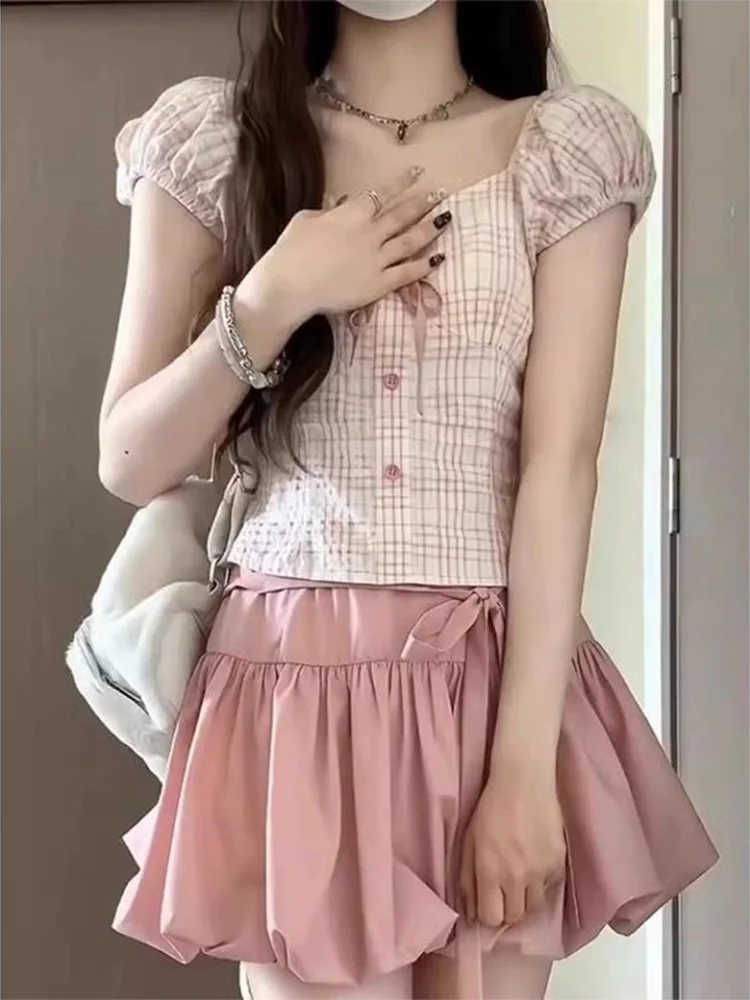 الحلو الوردي Bowknot زهرة برعم f تنورة المرأة الصيف حار منقوشة irt عالية الخصر منتفخ ort تنورة قطعتين مجموعة