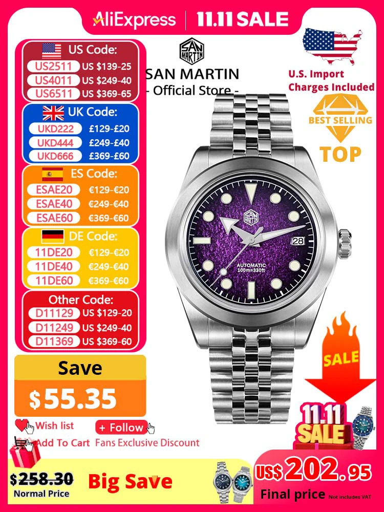 

San Martin New 39mm Sport Watch Enamel Dial NH35 Automatic Mechanical Men Dress Watch Sapphire Waterproof 100m Luminous SN0053