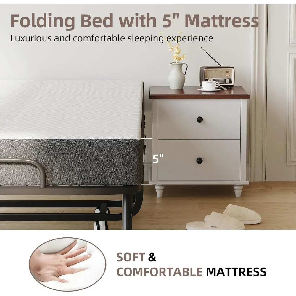 سرير قابل للطي مع مرتبة - إطار مزدوج الحجم مقاس 75 بوصة × 38 بوصة - سرير محمول قابل للطي للبالغين للضيوف - سميك 5 بوصات، ذاكرة F