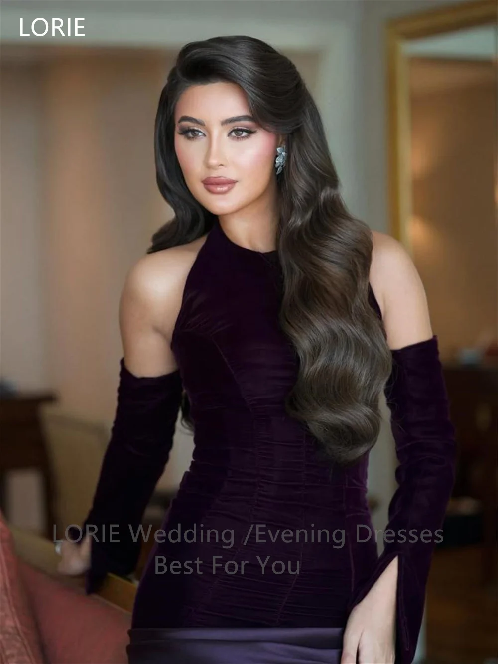 LORIE ชุดเดรสปาร์ตี้สีม่วงหรูหรา ผ้ากำมะหยี่ สายคล้องคอ แขนกุด ชุดราตรีงานพรอม ผ้าซาติน ทรงเมอร์เมด ชุดราตรีงานพรอม สามารถสั่งตัดได้